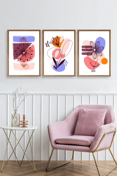 Çiçek Desenli Üçlü Ahşap Çerçeveli Tablo 17 x 23 - Resim 2