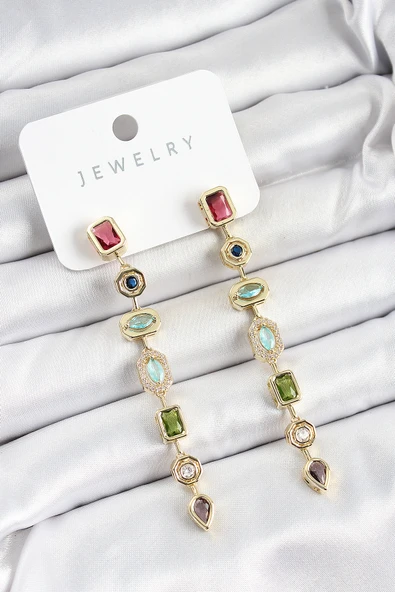 Pirinç Renkli Zirkon Taşlı Sallantılı Model Gold Renk Kadın Küpe ürün görseli 1