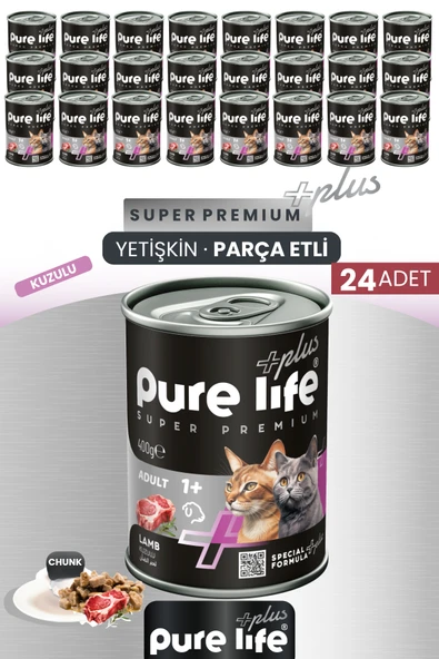 Plus 24'lü Kuzulu Yetişkin Kedi Chunk Konserve Parça Etli Yaş Mama 400 Gr ürün görseli 1