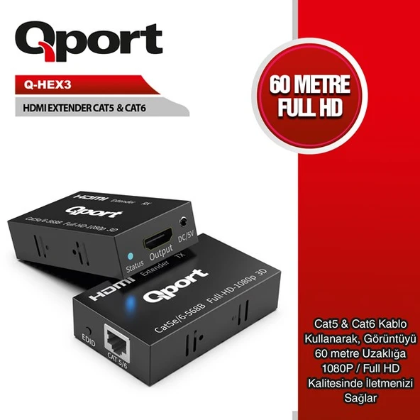 QPORT Q-HEX3 Cat5e/Cat6 60metre HDMI Extender ürün görseli 1