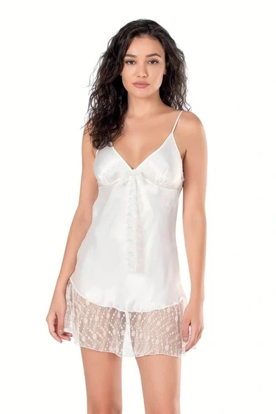 ÖZEL TASARIM  EKRU KISA SATEN GECELİK ürün görseli 1