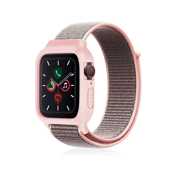 Apple Watch 38mm Hasırlı Cırtcırtlı Kasalı Kordon - Pembe ürün görseli 1