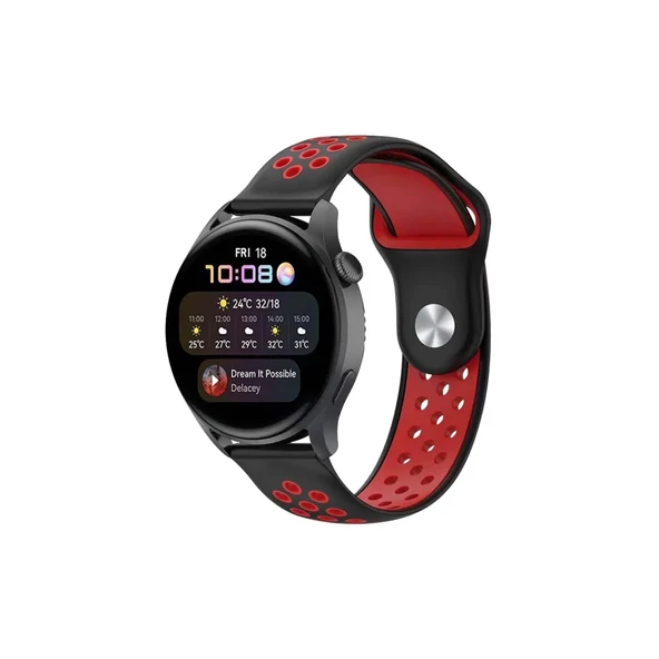 Watch 20mm Spor Delikli Kordon - Siyah-kırmızı ürün görseli 1