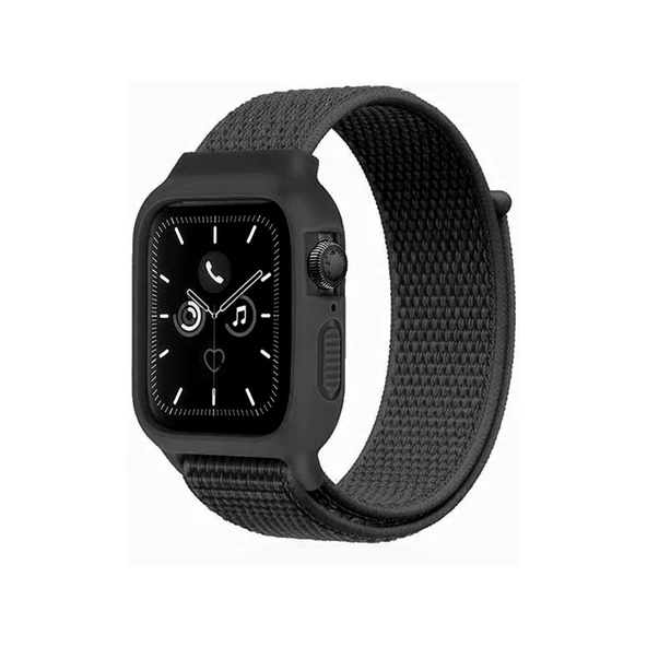 Apple Watch 38mm Hasırlı Cırtcırtlı Kasalı Kordon - Siyah ürün görseli 1