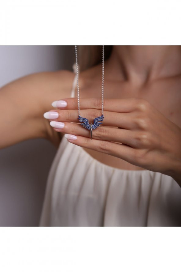 925 Ayar Gümüş Zirkon Taşlı Mavi Renk Mikail Kanat Kolye