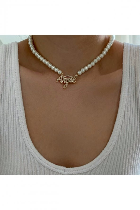 Taşlı Slogan Angel Inci Choker Kolye - 2
