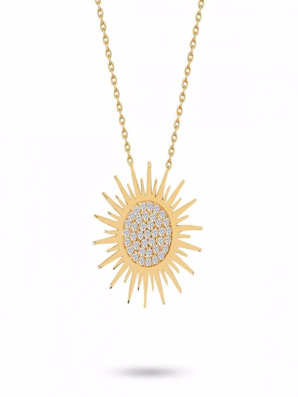 925 Ayar Gümüş Radyumlu Beyaz Zirkon Taşlı Güneş Figürlü Altın Kaplama Kadın Kolye