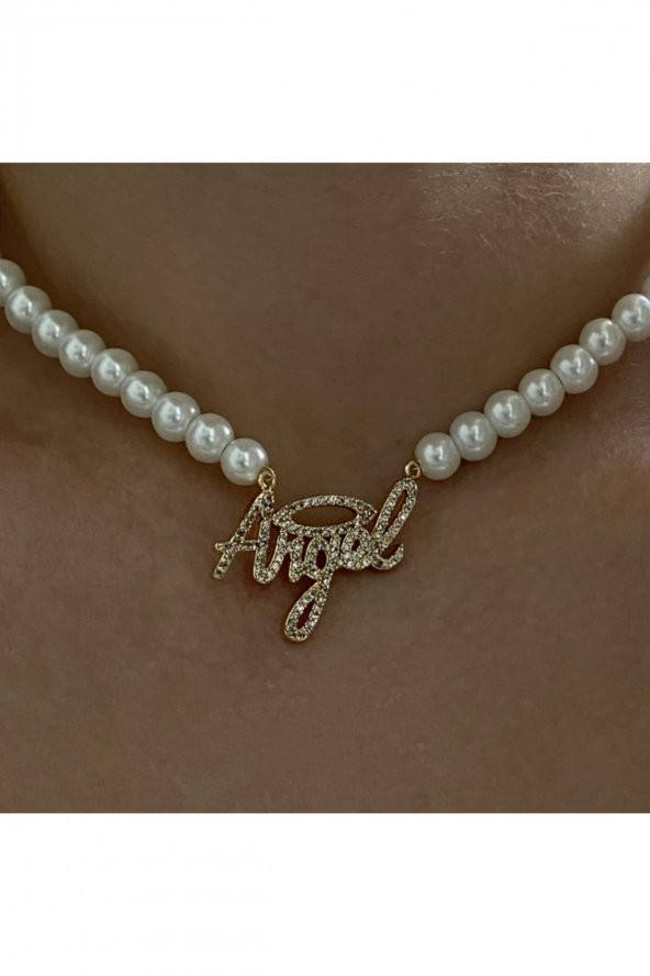 Taşlı Slogan Angel Inci Choker Kolye - 3