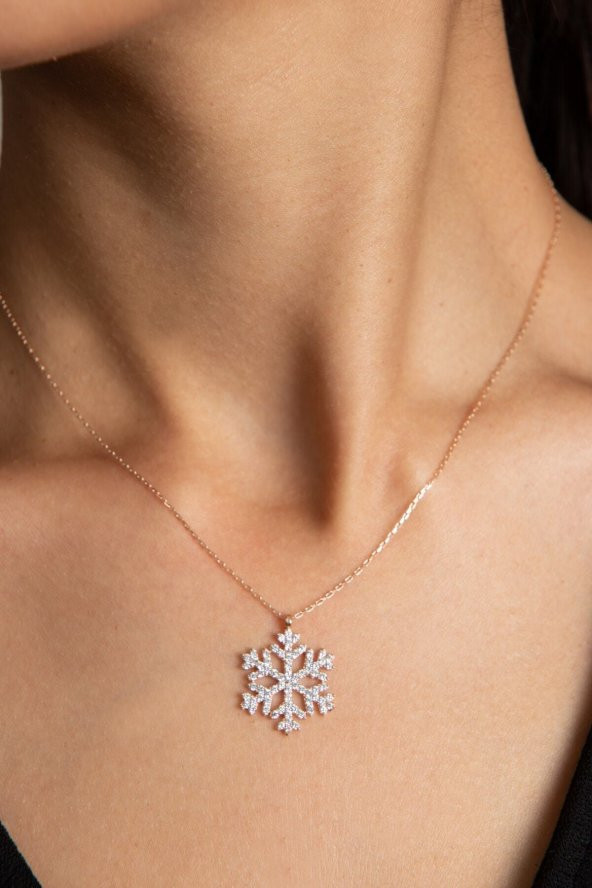 925 Ayar Gümüş Radyumlu Beyaz Zirkon Taşlı Kar Tanesi Altın Kaplama Kadın Kolye - 2