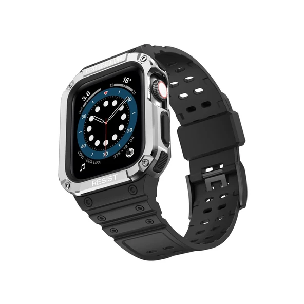 Apple Watch 42mm Kr401 Silikon Kordon - Siyah-gümüş ürün görseli 1