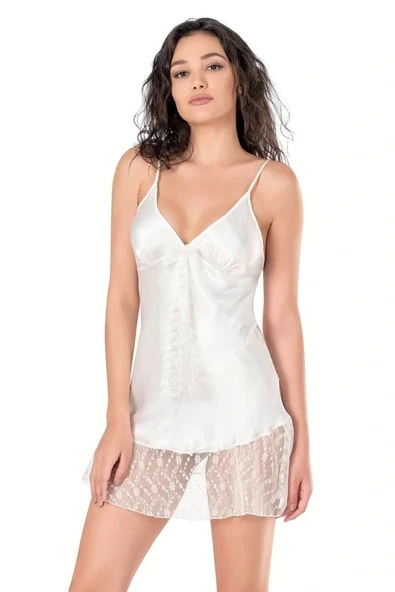 ÖZEL TASARIM  EKRU KISA SATEN GECELİK - Resim 3