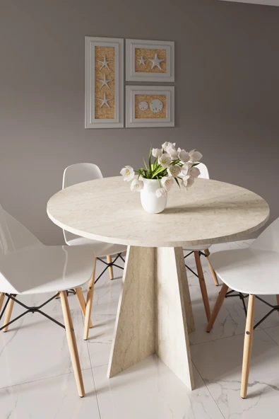 HMC DECOR Modern Yuvarlak 100cm Yemek Masası-mutfak Masası Traverten (SANDALYELER TEMSİLİDİR) ürün görseli 1