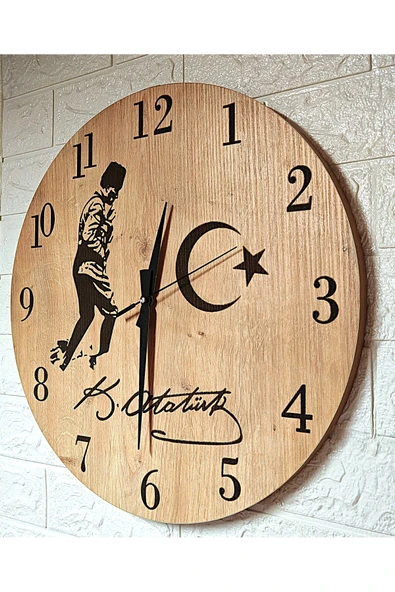 HMC DECOR Ahşap Desenli Lazer İşlemeli Atatürk Saat (44CM) ürün görseli 1