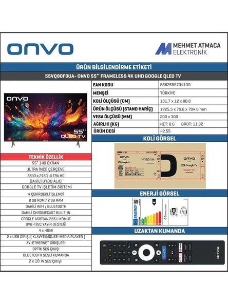 Onvo 55VQ90F3UA 4K Ultra HD 55" 140 Ekran Uydu Alıcılı Google Smart QLED TV - Resim 3