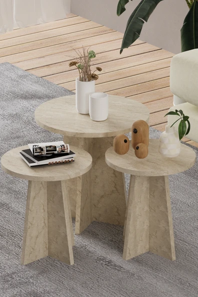 HMC DECOR 3'Lü Mantar Zigon İskandinav Stili Sehpa Takımı Traverten ürün görseli 1