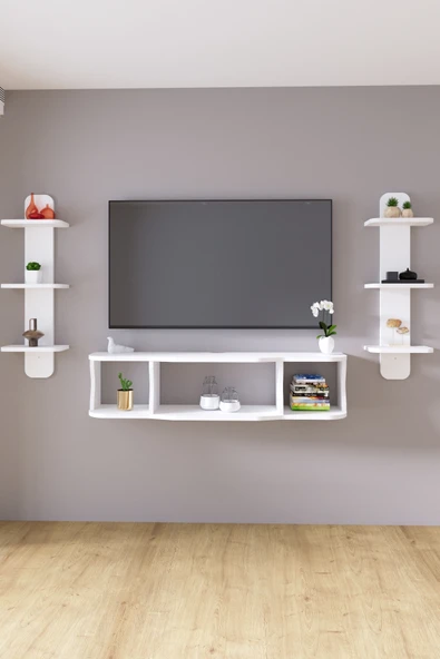 HMC DECOR 120cm Ayaksız Duvara Monteli Tv Ünitesi Ve 2 Adet 90cm Uzunluk Duvar Rafı Mat Beyaz ürün görseli 1