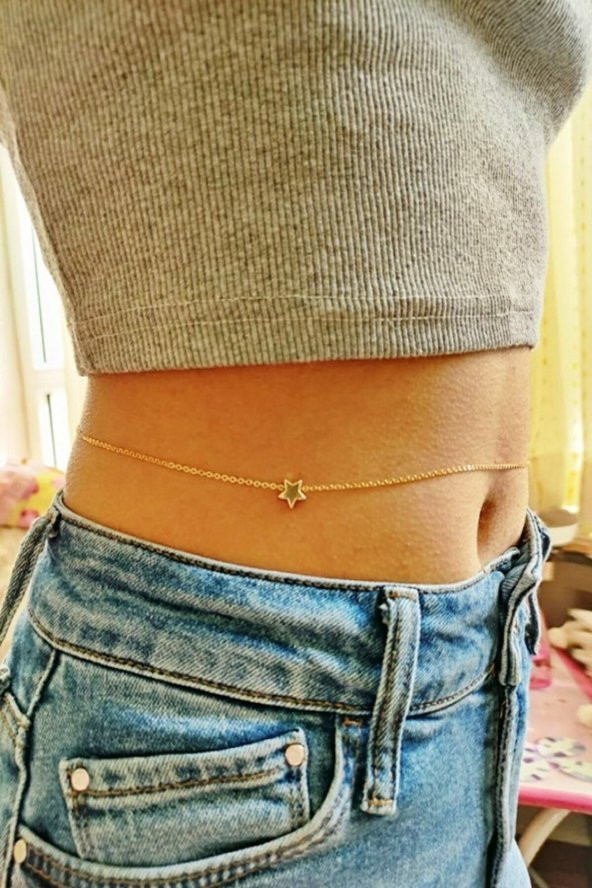 925 Gümüş Radyumlu Altın Kaplama Özel Tasarım Gold Yıldızlı Bel Zinciri Vücut Aksesuarı