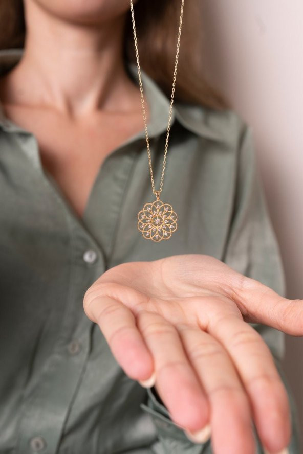 925 Gümüş Radyumlu Altın Kaplama Yaşam Çiçeği Gümüş Zincirli Kadın Kolye - 2