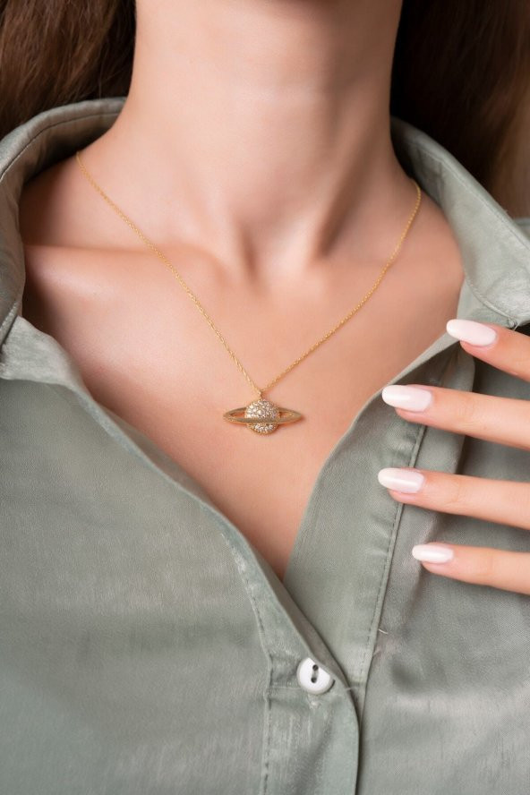 925 Gümüş Radyumlu Altın Kaplama Gezegen Motifli Gümüş Zincirli Kadın Kolye - 2