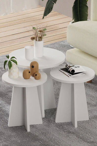 HMC DECOR 3'Lü Mantar Zigon İskandinav Stili Sehpa Takımı Mat Beyaz ürün görseli 1