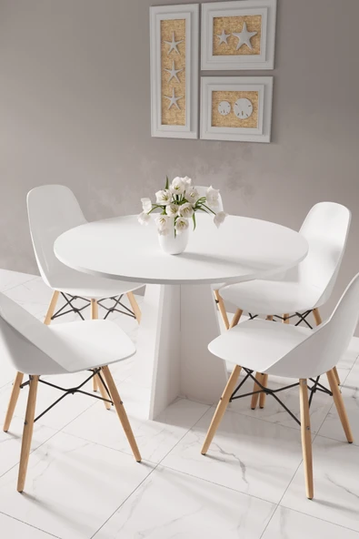 HMC DECOR Modern Yuvarlak 100cm Yemek Masası-mutfak Masası Mat Beyaz (SANDALYELER TEMSİLİDİR) ürün görseli 1