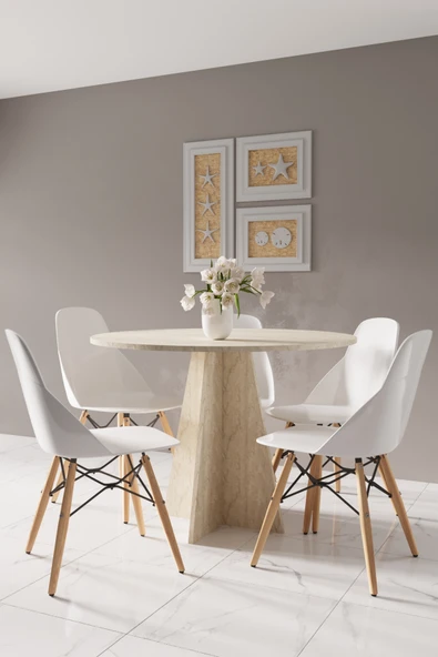 HMC DECOR Modern Yuvarlak 90cm Yemek Masası-Mutfak Masası Traverten (SANDALYELER TEMSİLİDİR) ürün görseli 1