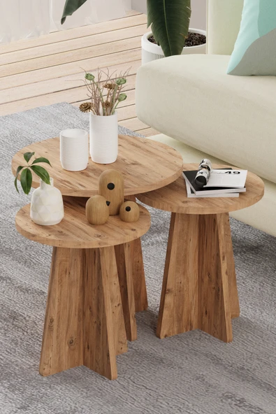 HMC DECOR 3'Lü Mantar Zigon İskandinav Stili Sehpa Takımı Atlantik Çam ürün görseli 1