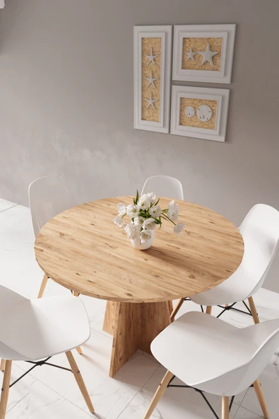 HMC DECOR Modern Yuvarlak 100cm Yemek Masası-mutfak Masası Atlantik Çam (SANDALYELER TEMSİLİDİR) ürün görseli 1