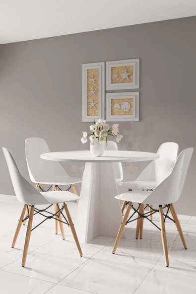 HMC DECOR Modern Yuvarlak 90cm Yemek Masası-Mutfak Masası Mat Beyaz (SANDALYELER TEMSİLİDİR) ürün görseli 1