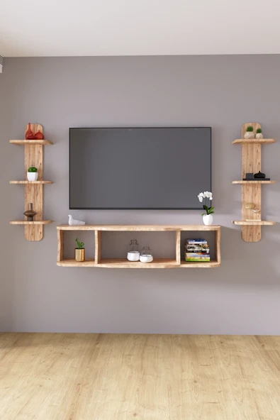 HMC DECOR 120cm Ayaksız Duvara Monteli Tv Ünitesi Ve 2 Adet 90cm Uzunluk Duvar Rafı Atlantik Çam ürün görseli 1