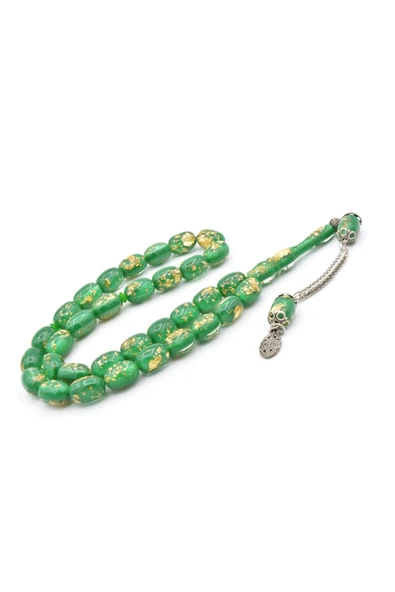 Murty99 Kapsül Kesim Altın Varaklı Yeşil Uçak Camı Tesbih - Resim 2