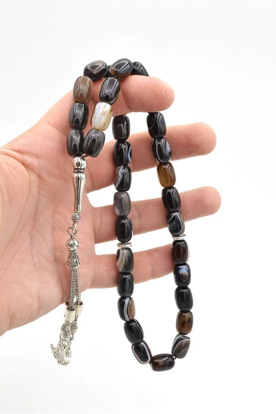 Murty99 Hakiki Doğal Kapsül Kesim Çizgili Siyah Akik Tesbih 1.Kalite Doğal Taş - Resim 5