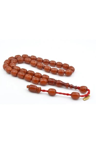 Murty99 Hakkı Usta İmzalı Fıçı Kesim İri Boy Koyu Turuncu Sıkma Kehribar Tesbih ürün görseli 1