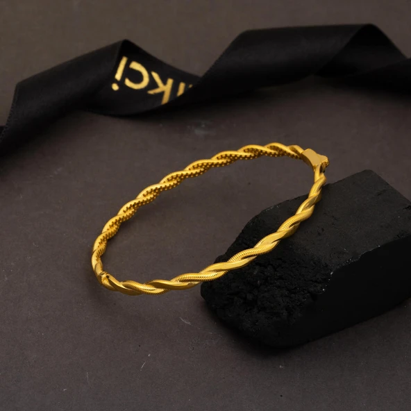 14 Ayar Altın İkili Burma Kelepçe Bilezik - Resim 3