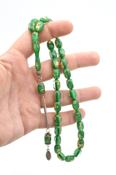 Murty99 Kapsül Kesim Altın Varaklı Yeşil Uçak Camı Tesbih - Resim 4