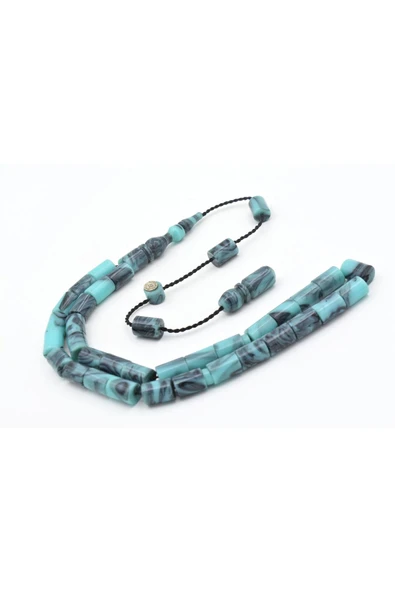 Murty99 Halil Usta İmzalı Kesme Model Bilek Boy Turkuaz Gri Sıkma Kehribar Tesbih - Resim 4