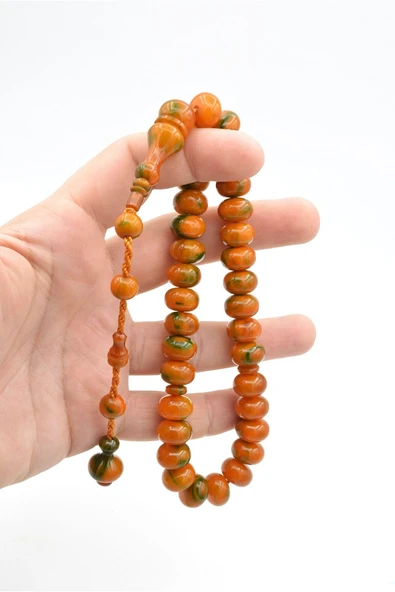 Murty99 Ahmet Emin Yapımı Tekerlek Kesim Turuncu Yeşil Sıkma Kehribar Tesbih - Resim 5