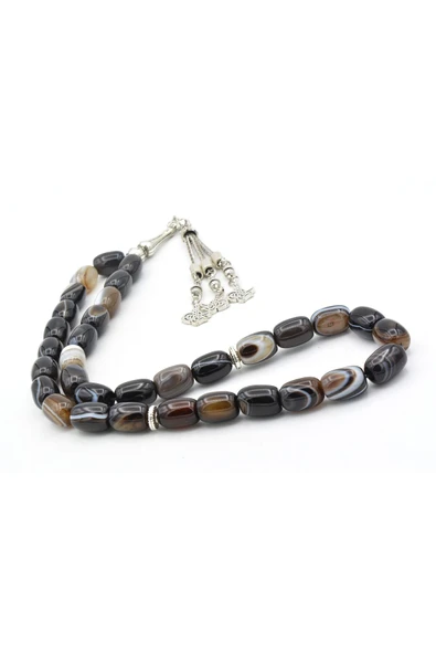 Murty99 Hakiki Doğal Kapsül Kesim Çizgili Siyah Akik Tesbih 1.Kalite Doğal Taş - Resim 3