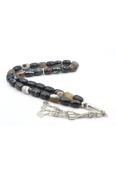 Murty99 Hakiki Doğal Kapsül Kesim Çizgili Siyah Akik Tesbih 1.Kalite Doğal Taş ürün görseli 1