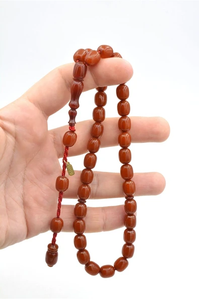 Murty99 Hakkı Usta İmzalı Fıçı Kesim İri Boy Koyu Turuncu Sıkma Kehribar Tesbih - Resim 5