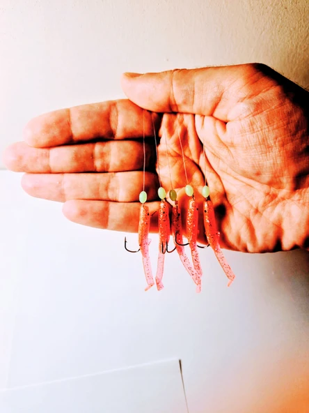 Eagenset Silikon Balıklı Çapari 5 Cm (2 Adet) Silikon At Çek Takımı Ultraviyole UV Neon Simli Pembe ve Fosforlu Glow Boncuklu - Resim 3