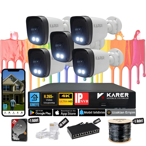 5'li 5MP IP Güvenlik Kamera Seti-Gece Renkli Görüntü-Su Geçirmez Dış Mekan-Sesli Kayıt -Ultra HD ürün görseli 1