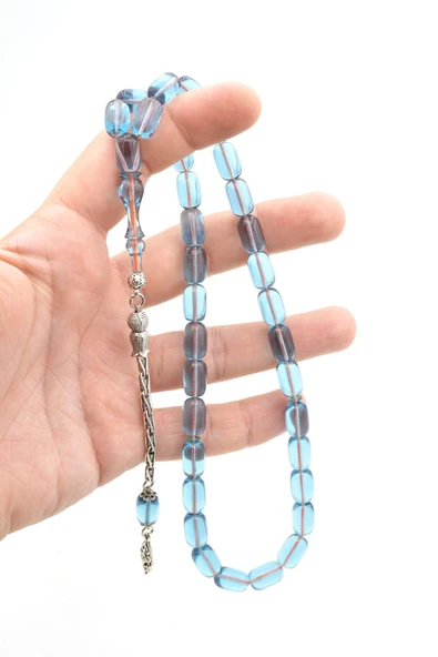 Murty99 Gümüş Kaplama Kamçılı Kapsül Kesim Mavi Sıkma Kehribar Tesbih - Resim 5