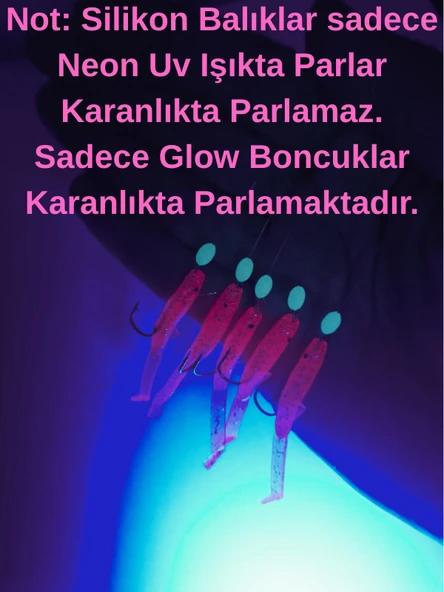 Eagenset Silikon Balıklı Çapari 5 Cm (2 Adet) Silikon At Çek Takımı Ultraviyole UV Neon Simli Pembe ve Fosforlu Glow Boncuklu - Resim 2