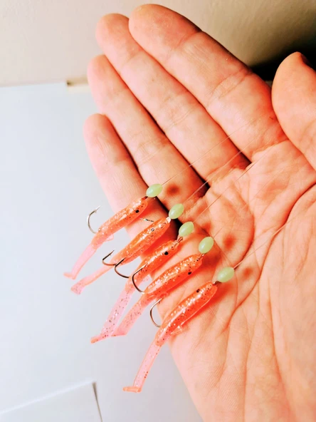 Eagenset Silikon Balıklı Çapari 5 Cm (2 Adet) Silikon At Çek Takımı Ultraviyole UV Neon Simli Pembe ve Fosforlu Glow Boncuklu ürün görseli 1