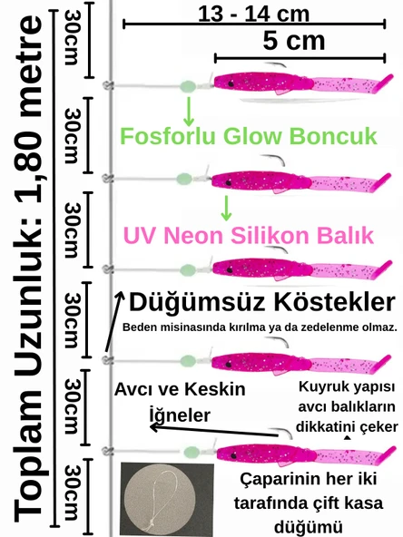 Eagenset Silikon Balıklı Çapari 5 Cm (2 Adet) Silikon At Çek Takımı Ultraviyole UV Neon Simli Pembe ve Fosforlu Glow Boncuklu - Resim 8