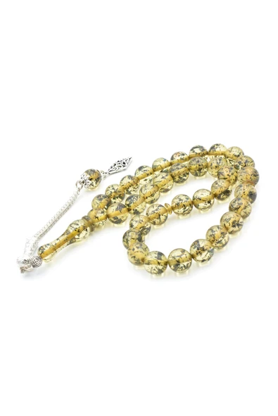 Murty99 Püsküllü Küre Kesim İri Boy Fosilli Yeşil Toz Kehribar Tesbih - Resim 4