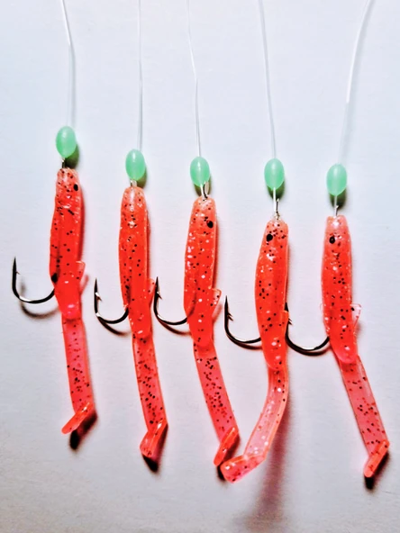 Eagenset Silikon Balıklı Çapari 5 Cm (2 Adet) Silikon At Çek Takımı Ultraviyole UV Neon Simli Pembe ve Fosforlu Glow Boncuklu - Resim 5