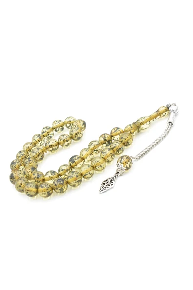 Murty99 Püsküllü Küre Kesim İri Boy Fosilli Yeşil Toz Kehribar Tesbih - Resim 2