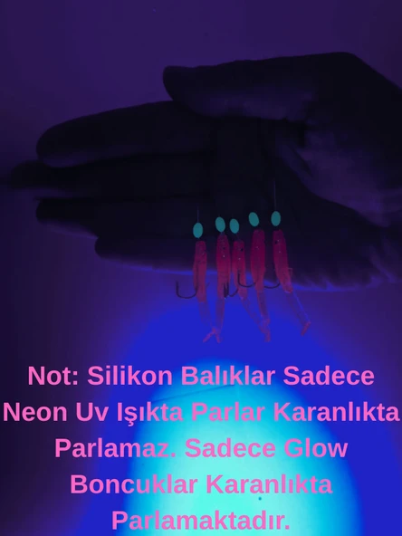 Eagenset Silikon Balıklı Çapari 5 Cm (2 Adet) Silikon At Çek Takımı Ultraviyole UV Neon Simli Pembe ve Fosforlu Glow Boncuklu - Resim 4